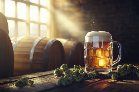 Charming Beer Mug Set in a Rustic Brewery Environment Enhanced by Fresh Hops All Aroundの素材