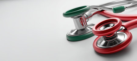Colorful stethoscopes neatly arranged on a polished surface, showcasing their beautyの素材