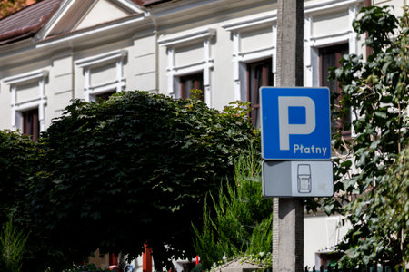 The Parking Sign in a bustling Urban Setting serves as an essential guide for driversの写真素材