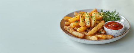 A Delicious Plate of Crispy French Fries Served with Ketchup and Garnished with Fresh Herbsの素材
