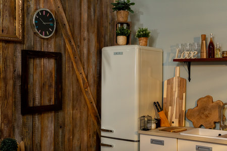 A Modern Kitchen that beautifully combines Rustic Accents with various Decorative Elementsの写真素材