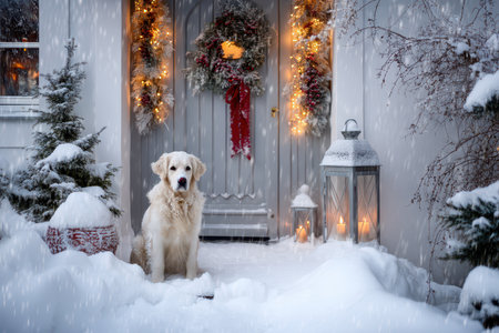 Deep snow golden retriever outside door, thick snowfall, lanterns and wreath aglow, packed snow surrounding paws, footprints leading to entrance, magical holiday eveningの素材