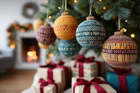 Holiday decoration closeup, Detailed view of Christmas yarn decorations and gifts, Closeup of textured knitted baubles hanging with festive wrapped presents underneathの素材