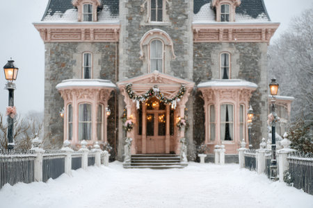 Luxurious snowy country estate, Victorian mansion adorned with festive lighting, Sumptuous Victorian home featuring snowcovered details and cheerful holiday decorationsの素材