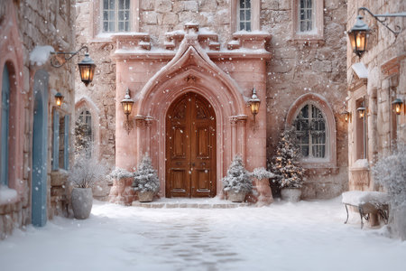 Quaint snowy shop entrance with door, pastel facades and falling flakes, festive garlands frame display as local florist arranges winter bouquets for holiday shoppersの素材