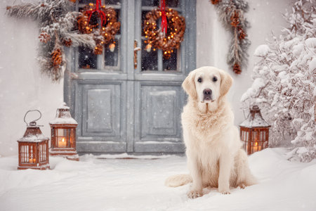 Serene holiday setting with snow, Calm snowy street with festive decorations illuminated, Quiet icy pathway featuring cheerful holiday ornaments and gentle snowfallの素材