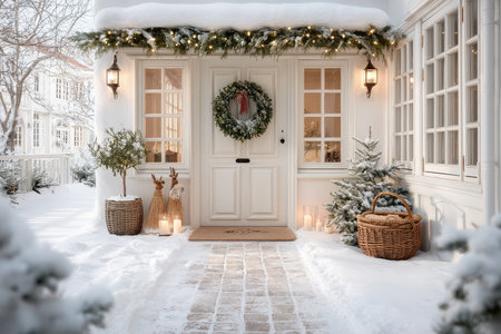 Simple cozy entryway, Warm holiday porch decor, Serene cottage entrance with seasonal accents, Relaxed hygge style greeting with festive decorations and lightingの素材