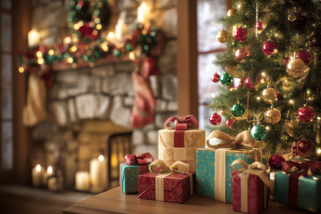 Cozy festive interior decor, Intimate Christmas environment with gifts and illumination, Celebratory seasonal setting featuring warm lights and wrapped presents insideの素材