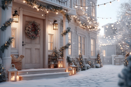 Festive winter scene, Cozy holiday porch decor, Charming seasonal lighting and ornamentation display, Inviting wintertime entrance with decorations and warm illuminationの素材