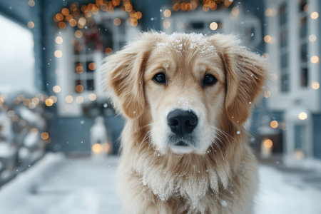 Happy snowdog picture, Retriever in snowfall with lights, Joyful dog amidst falling snow and bright lights, Cheerful retriever enjoying snowfall illuminated by festive lightsの素材