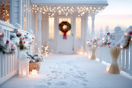 Snowcovered walkway lined with illuminated railings and garlands, soft sunrise glow over snowy landscape and footsteps leading to decorated door in tranquil seasonal morningの素材