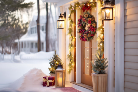 Snowy porch entrance with illuminated wreath, lanterns and wrapped packages on steps, evergreen garland framing doorway and soft evening light creating inviting seasonal welcomeの素材