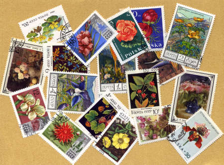 Vintage collection of littered stamps with plantsのeditorial素材