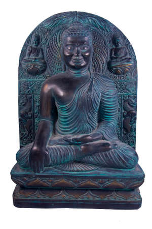 Bronze statue of meditating buddha under bayan tree isolated on white, devotionの写真素材