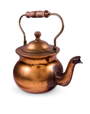 Retro or vintage brass teapot and little couldron with wooden handle isolated on white