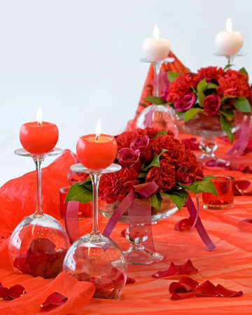 Wedding table decorated whit bouquets and candlesの写真素材