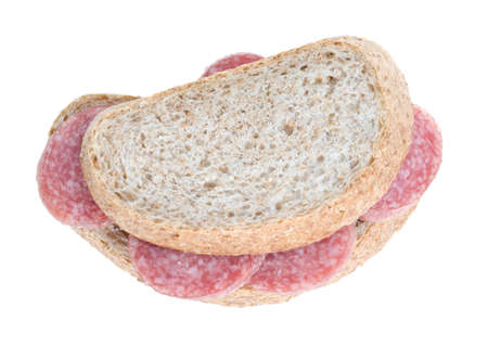 Sandwich with salami isolated on white. の写真素材