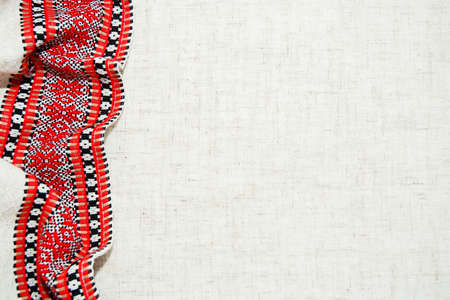 Ukrainian national embroidery cross on bleached linen with faggoting elementsの写真素材