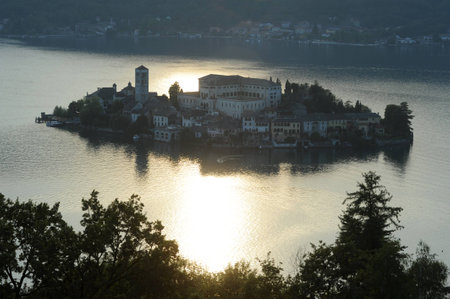 San Giulio island on lake D'Orta, Italyの写真素材