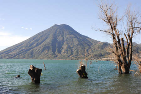 Lake Atitlan with vulcano San Pedro on Guatemalaの写真素材