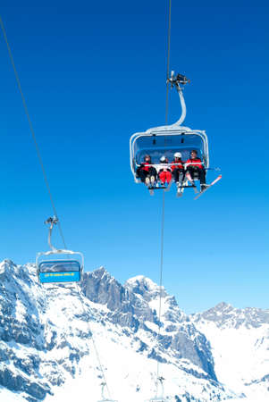 Engelberg, Switzerland - 9 April 2006: Skier on the chairlift at Engelberg on the Swiss alpsのeditorial素材