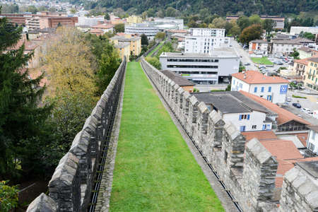 The walls of fort Castelgrande at Bellinzona on the Swiss alpsのeditorial素材