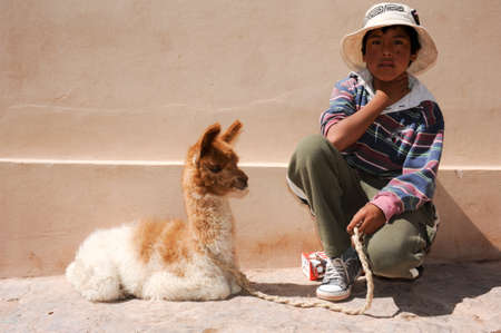 Purmamarca, Argentina - 28 January 2011: a young boy posing with a baby lama at Puramamarca on Argentina andesのeditorial素材