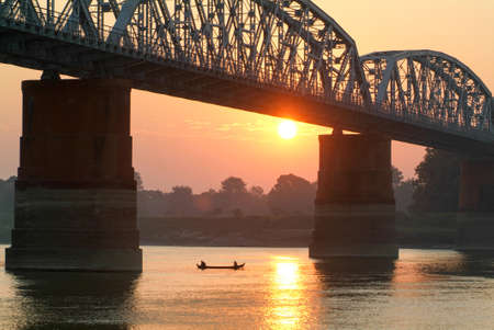 Sunset at river Ayeyarwady near Mandalay on Myanmarの写真素材