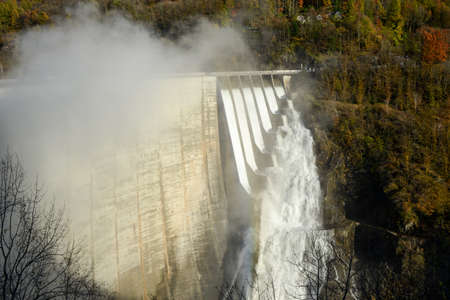 The dam of Verzasca on the italian part of Swtzerland with open the floodgatesのeditorial素材