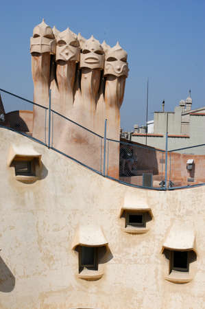 BARCELONA, SPAIN - 15 July 2004: Casa Mila or La Pedrera in Barcelona, ??Spain. This famous building was designed by Antoni Gaudi and is one of the most visited of the cityのeditorial素材