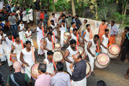 Kollam, India - 18 January 2015: People playing music and dancing at the hindu carnival festival of Kollam on Indiaのeditorial素材
