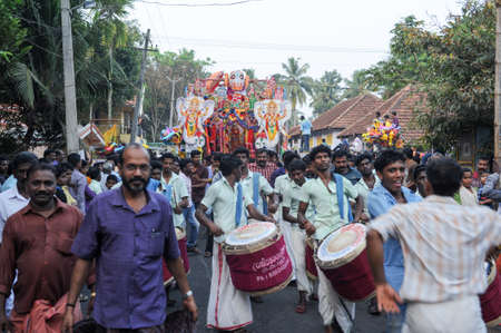 Kollam, India - 18 January 2015: People playing music and dancing at the hindu carnival festival of Kollam on Indiaのeditorial素材