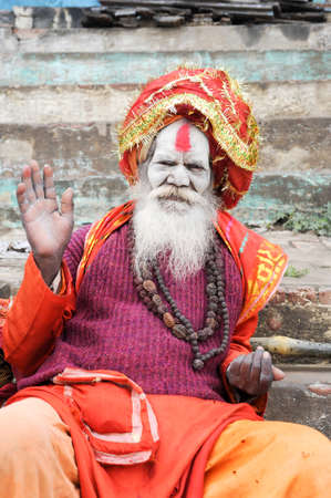 Varanasi, India - 27 January 2015: Holy Man posing at Varanasi, the holiest of the seven sacred cities (Sapta Puri) in Hinduism, and Jainismのeditorial素材