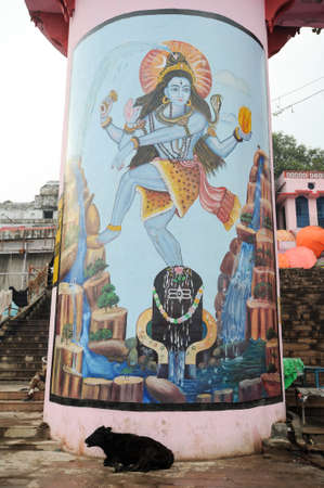 Varanasi, India - 27 January 2015: Painted artwork a Ghat in holy city of Varanasi on Indiaのeditorial素材
