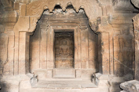 Statue of Buddha on Ellora caves near Aurangabad, Maharashtra state in Indiaの写真素材