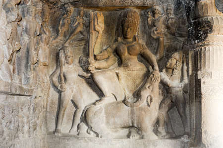 Statues on Ellora caves near Aurangabad, Maharashtra state in Indiaの写真素材