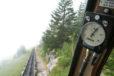 Pilatus train, the world's steepest cogwheel railway nears the top of Mount Pilatus on the Swiss...