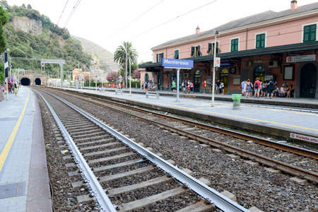 Monterosso, Italy - 6 July 2015: people waiting for the train at station of Monterosso on Cinque Terre, Italyのeditorial素材