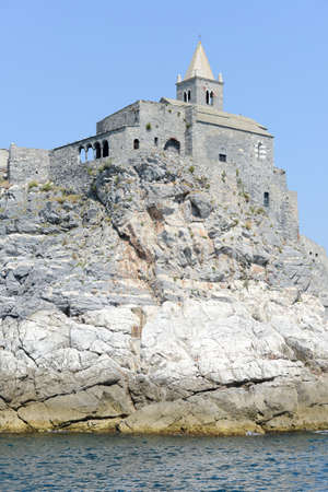 Old church on a rocky coastal outcrop at Portovenere, Italyのeditorial素材