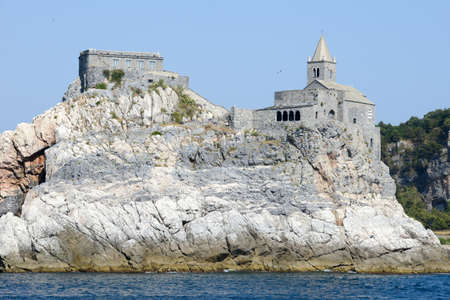 Old church on a rocky coastal outcrop at Portovenere, Italyのeditorial素材