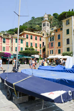 Portofino, Italy - 9 July 2015: People walking and shopping at the village of Portofino on Italyのeditorial素材