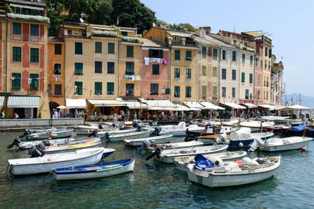 Portofino, Italy - 9 July 2015: People walking and shopping at the village of Portofino on Italyのeditorial素材