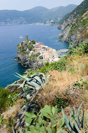 Scenic view of colorful village Vernazza and ocean coast in Cinque Terre, Italy