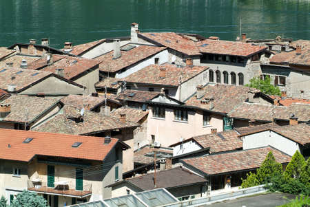 The village of Bissone on lake Lugano, Switzerlandの写真素材