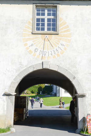 Engelberg, Switzerland - 26 September 2015: sundial above the entrance to the convent in Engelberg...