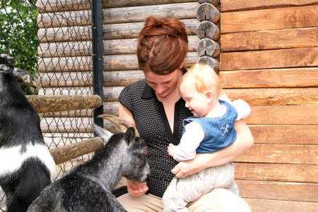 Goldau, Switzerland - 29 august 2008: woman with child who pat the goat at the zoo of Goldau in Switzerlandのeditorial素材