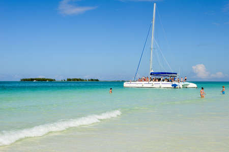 Cayo Guillermo, Cuba - 16 january 2016: people sailing on a catamaran sailboat in clear water of Cayo Guillermo beach, Cubaのeditorial素材