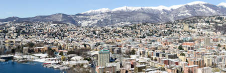 View of Lugano on Switzerland during the winter with snowのeditorial素材