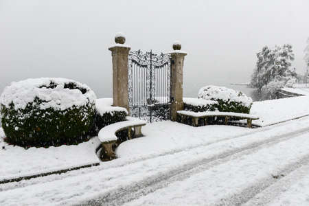 Lugano, Switzerland - 5 march 2016: It's snowing on the botanical park of Ciani in the center of Lugano on Switzerlandのeditorial素材