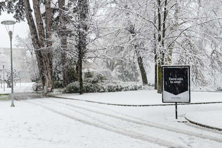 Lugano, Switzerland - 5 march 2016: It's snowing on the botanical park of Ciani in the center of Lugano on Switzerlandのeditorial素材
